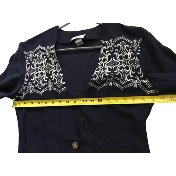 Vintage Womens Embroidered Button Blazer Navy Ivory S/M Small Affinity By Margos - Picture 7 of 11
